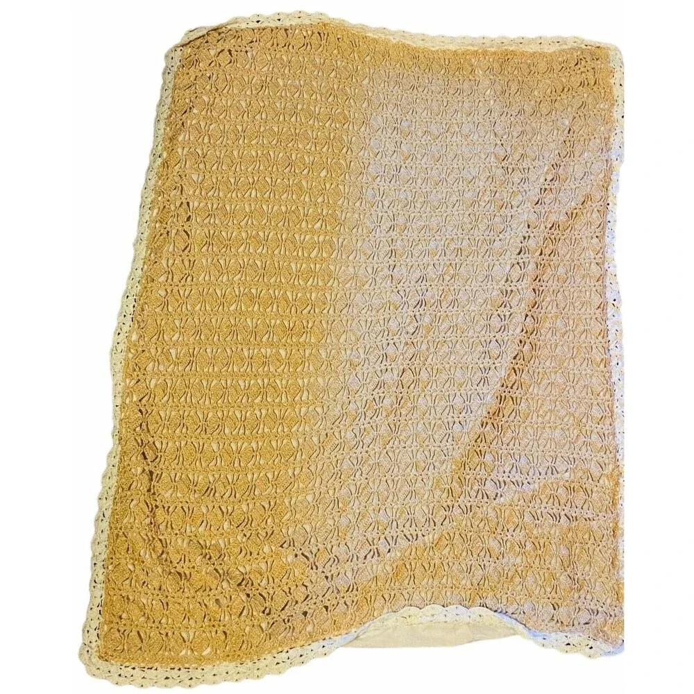 #4353 Crochet Lap or baby blanket tan color with beige trim